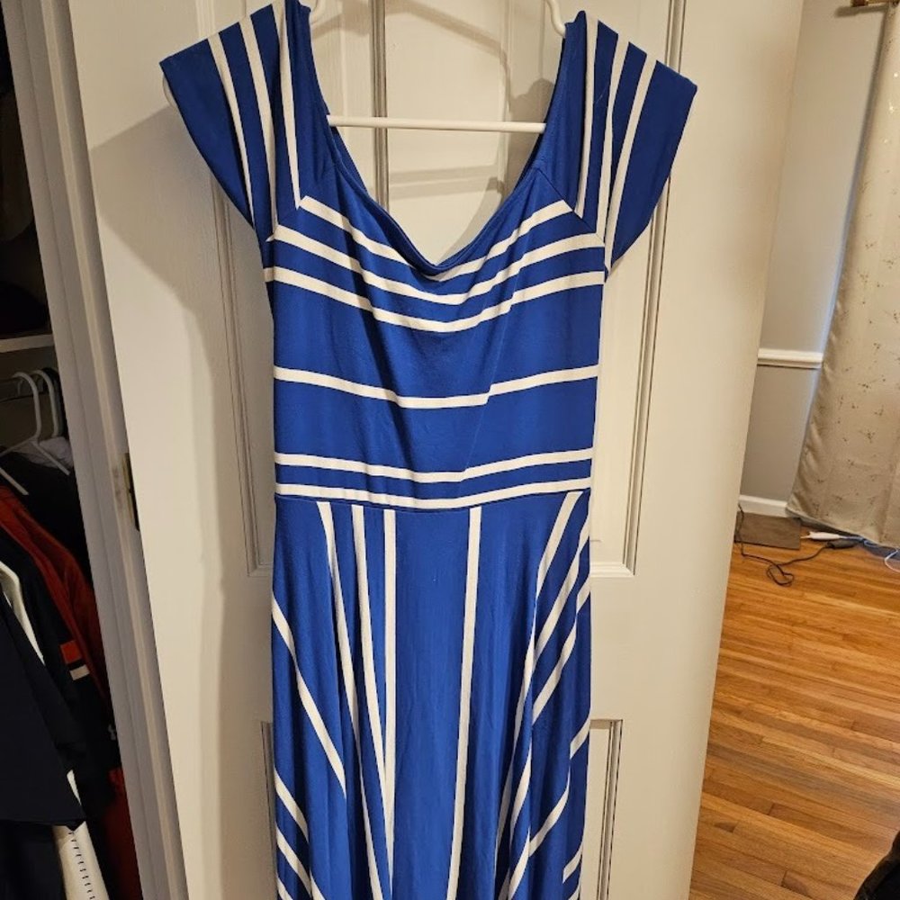 LOFT Blue Striped Dress with Exposed Back  Size Small